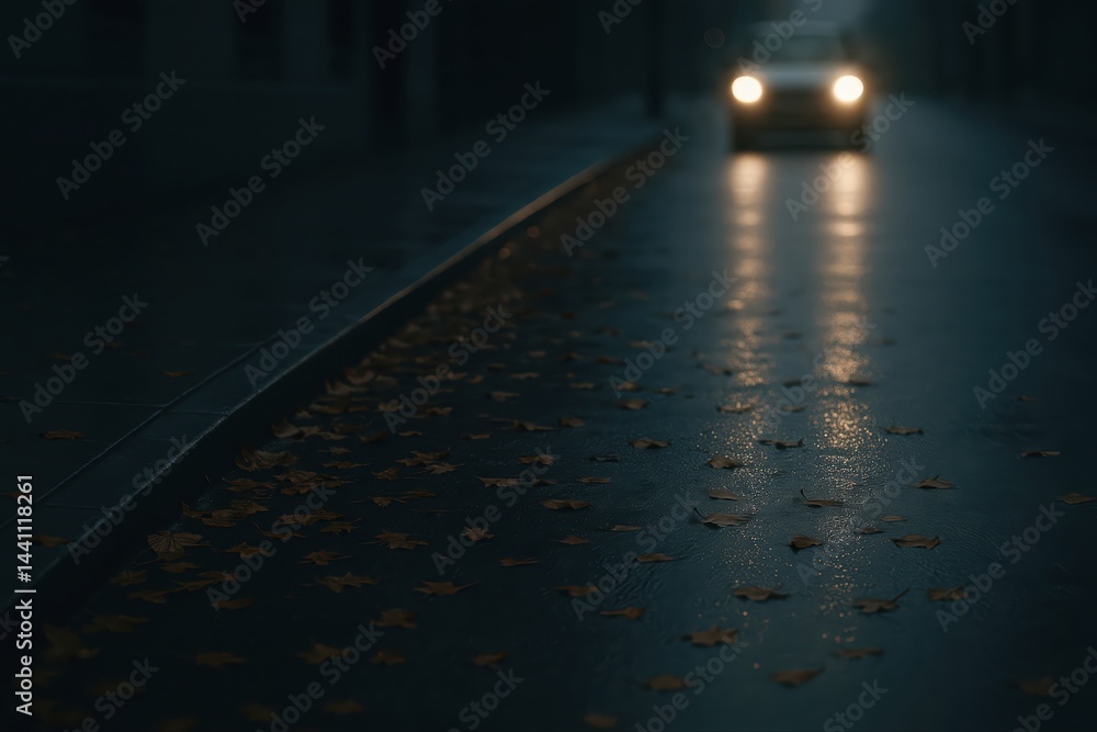 Wet asphalt street at night with fallen autumn leaves and approaching car headlights