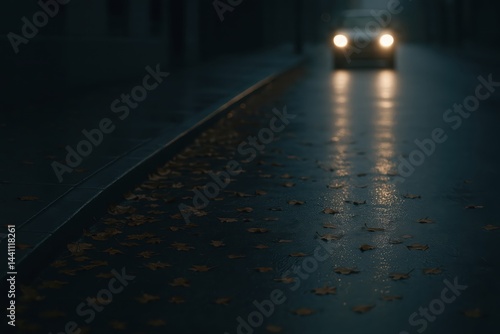 Obraz na płótnie Wet asphalt street at night with fallen autumn leaves and approaching car headlights w salonie