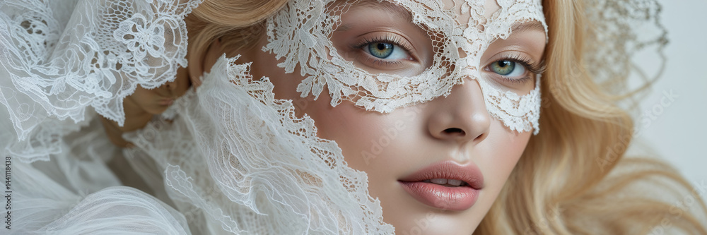 Face of a beautiful glamorous woman, white lace