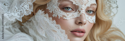 Obraz na płótnie Face of a beautiful glamorous woman, white lace w salonie