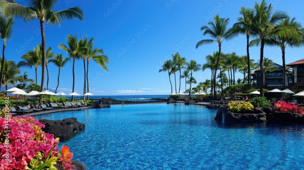 Naklejka premium Crystal-clear swimming pool surrounded by palm trees and tropical flowers