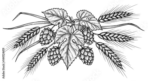 Hand Drawn Hops and Wheat Ears Illustration Design  