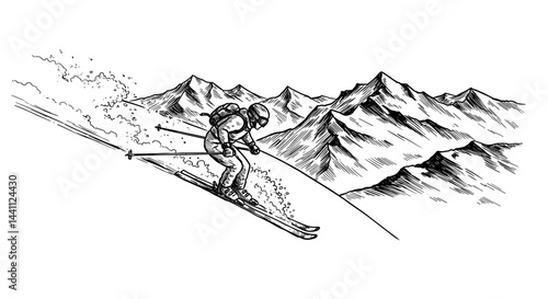 Hand-drawn skier carving down snowy slopes in alpine mountains  