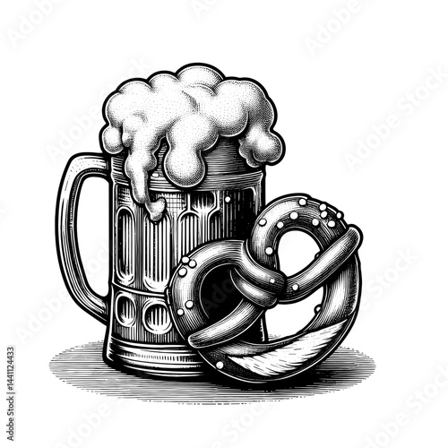 Beer Mug and Pretzel in Oktoberfest Style Illustration  