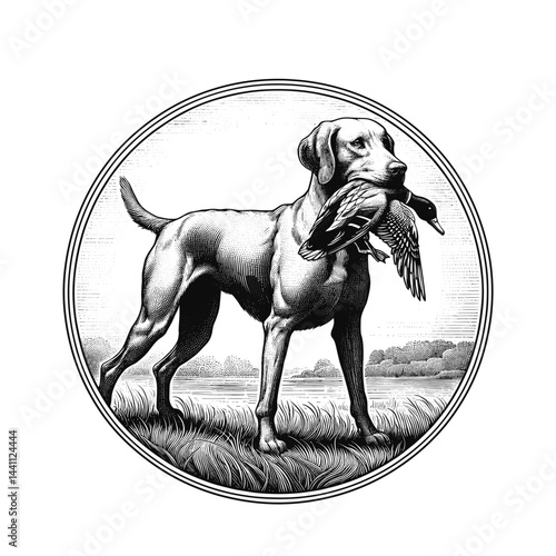 Hunting Dog Carrying Duck in Engraved Shield Art  