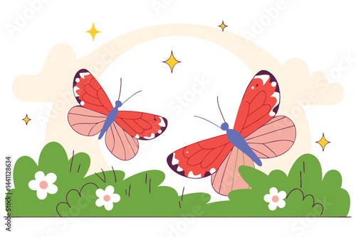 vector illustration featuring two delicate butterflies gracefully flying over a field of small, soft wildflowers.