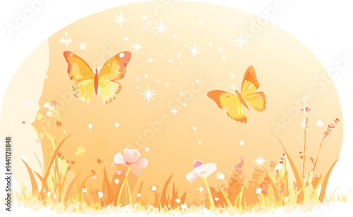  vector illustration featuring two delicate butterflies gracefully flying over a field of small, soft wildflowers.