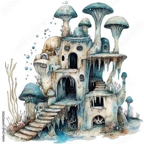 illustration of Mysterious Underwater Structures, watercolor vector, isolated on a white background.