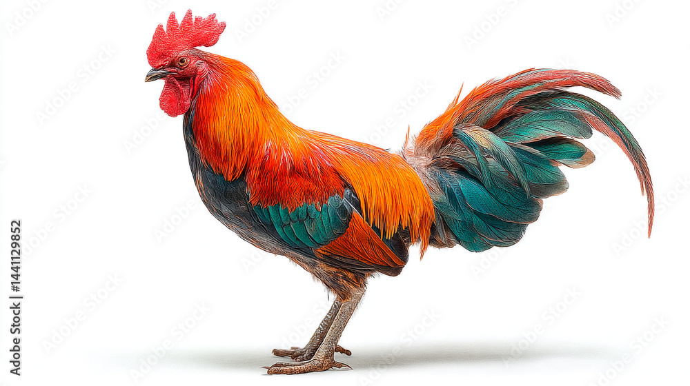 Fototapeta premium Vibrant rooster isolated on white background, showcasing colorful plumage detail.