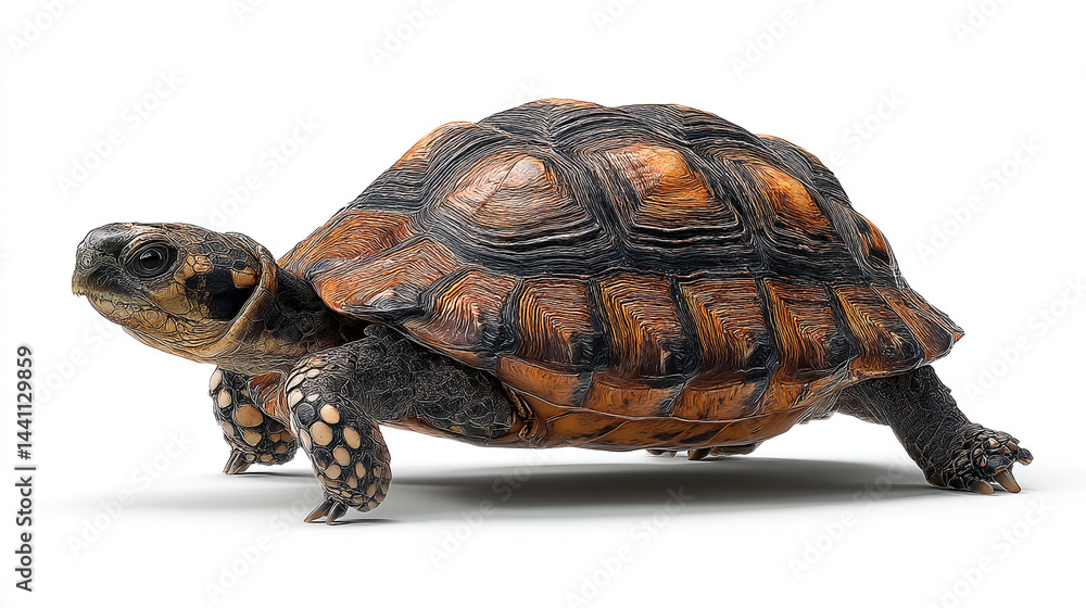 Fototapeta premium A tortoise slowly makes its way across a plain white background studio shot