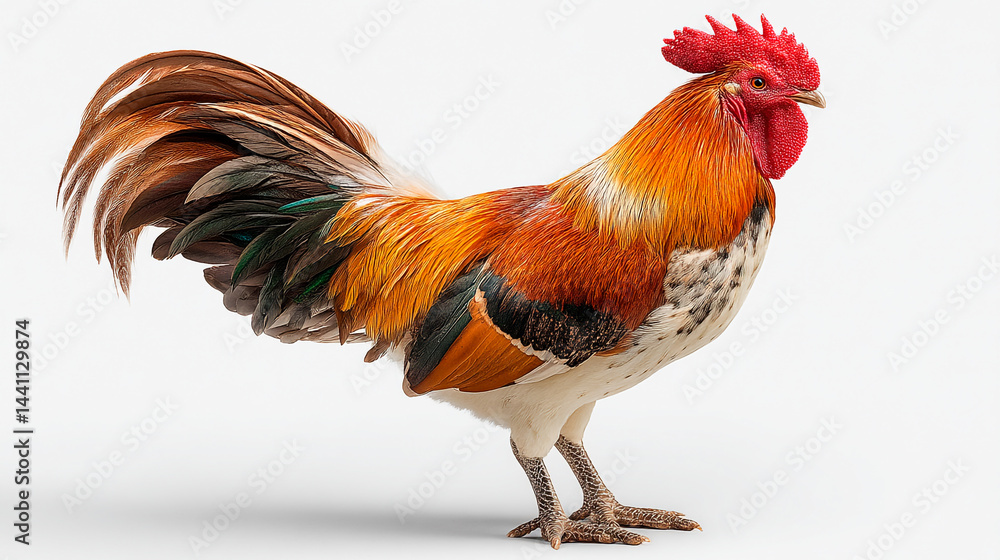 Fototapeta premium Colorful rooster with red comb and orange, brown, and black feathers.