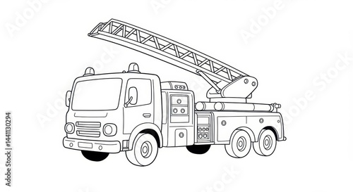 Black and White Line Art of a Fire Truck with Ladder