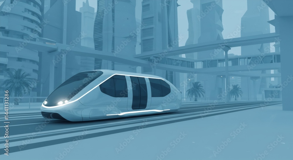 Fototapeta premium Futuristic monorail in sleek urban environment. Autonomous public transportation concept. Sustainable city mobility solution with high-speed electric train amid towering skyscrapers.
