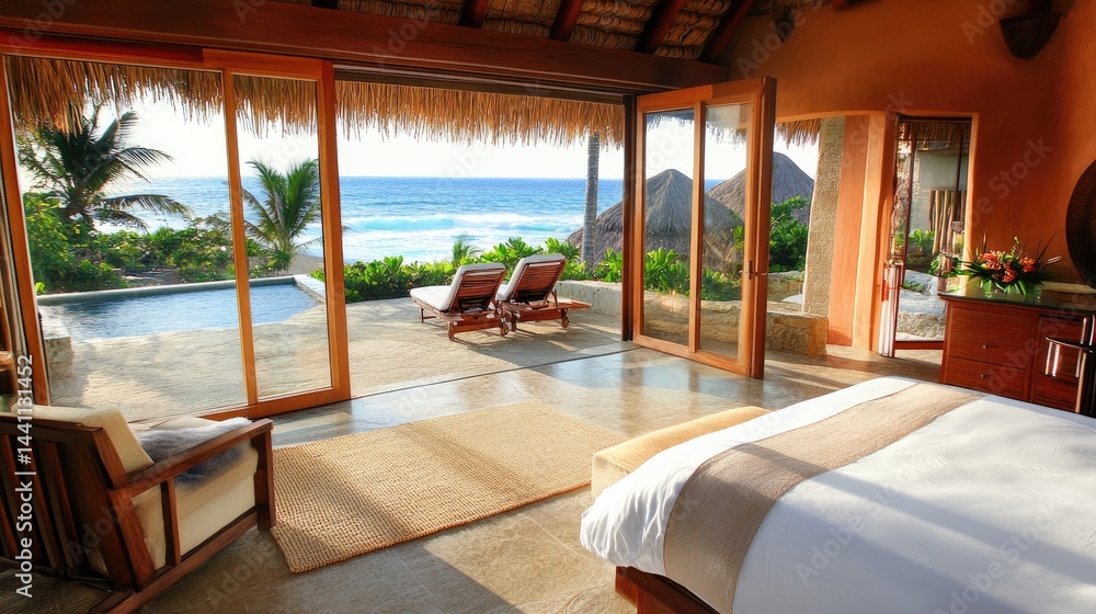 Fototapeta premium Luxury suite interior with ocean views, plush bedding, and elegant dcor