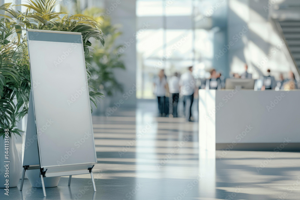 Mockup of roll-up banner in modern hotel conference hall with attendees in background Mockup of roll-up banner in modern hotel conference hall with attendees in background