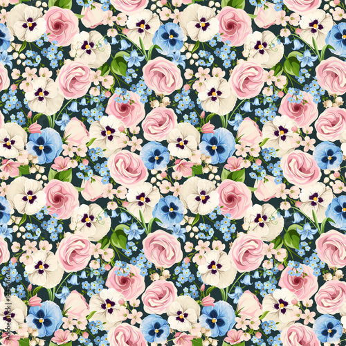 Seamless floral pattern with pink, white, and blue pansy flowers, lisianthus flowers, bluebells, and forget-me-not flowers. Vector floral print