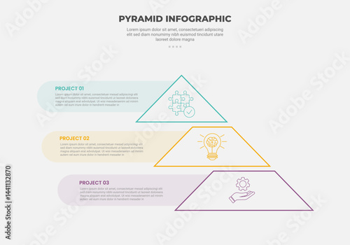 pyramid or triangle shape infographic outline style with 3 point template with skew shape with round rectangle box container for slide presentation