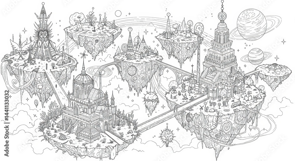 Naklejka premium Surreal Floating Islands and Impossible Architecture