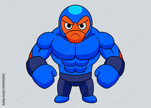 Angry Blue Superhero Cartoon: A muscular blue superhero with an angry expression. He's wearing a helmet and gloves. 