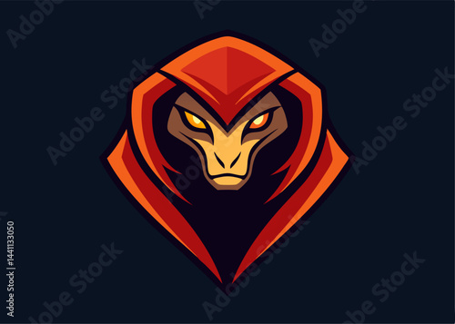 Mysterious Hooded Serpent: A stylized illustration of a serpent's head peering from beneath a red hooded cloak, creating a mystical and enigmatic image.