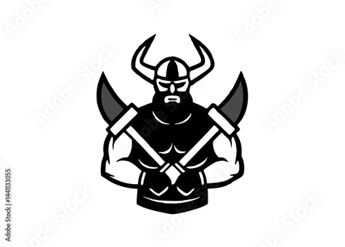 Viking Warrior with Axes:  A fierce Viking warrior stands strong with two crossed axes, radiating strength and power. His horned helmet, thick beard, and muscular physique depict an unyielding spirit.