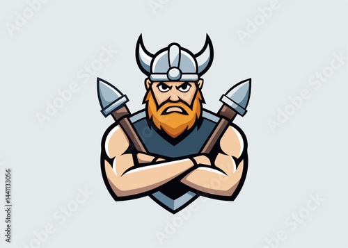Viking Warrior Illustration: A formidable Viking warrior, adorned with a horned helmet and bearing crossed spears, embodies strength and valor.