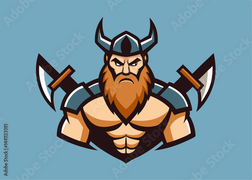 Viking Warrior Emblem: A fierce Viking warrior, adorned with a horned helmet and holding battle axes. Perfect for conveying strength and historical themes.