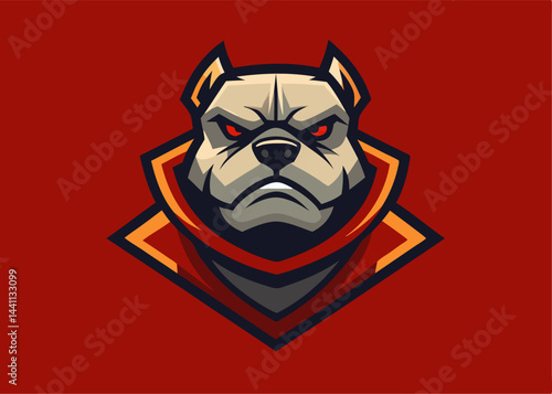 Fierce Mascot Design: A captivating illustration of a formidable canine, portrayed with a stern demeanor, against a backdrop of bold red.