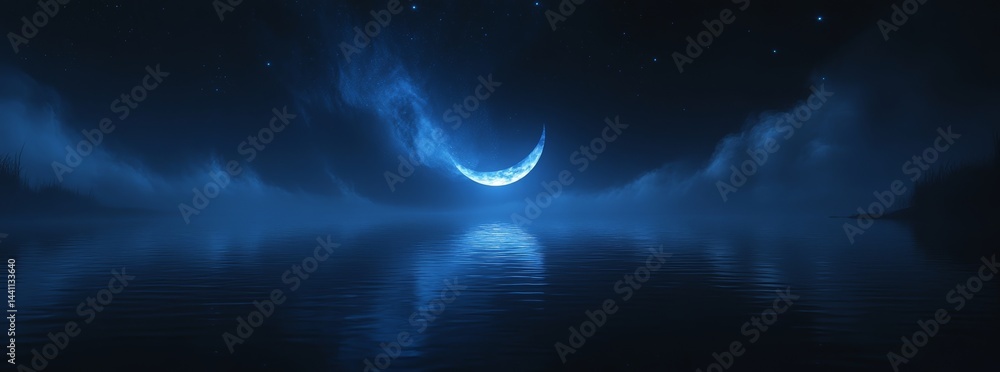 Fototapeta premium A serene moonlit night sky background complements the dreamy atmosphere of an illustration showcasing a mystical midnight landscape, complete with a glowing full moon reflection, hazy fog, and blue