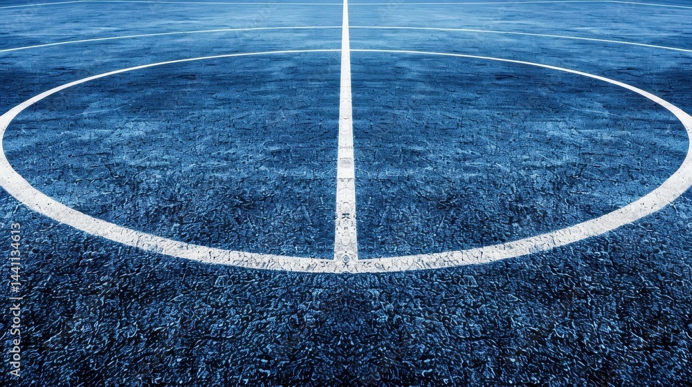 Vibrant sports court with a blue rubber surface and crisp white lines, perfect for outdoor games and activities.