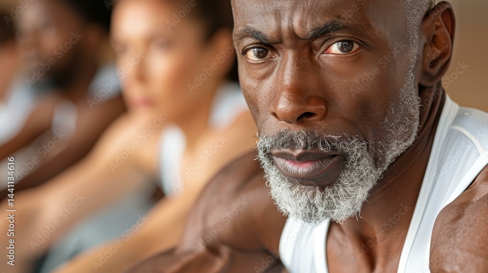 A fit mature man leads an energetic cycling class, inspiring a diverse group with his passion and dedication in the gym.