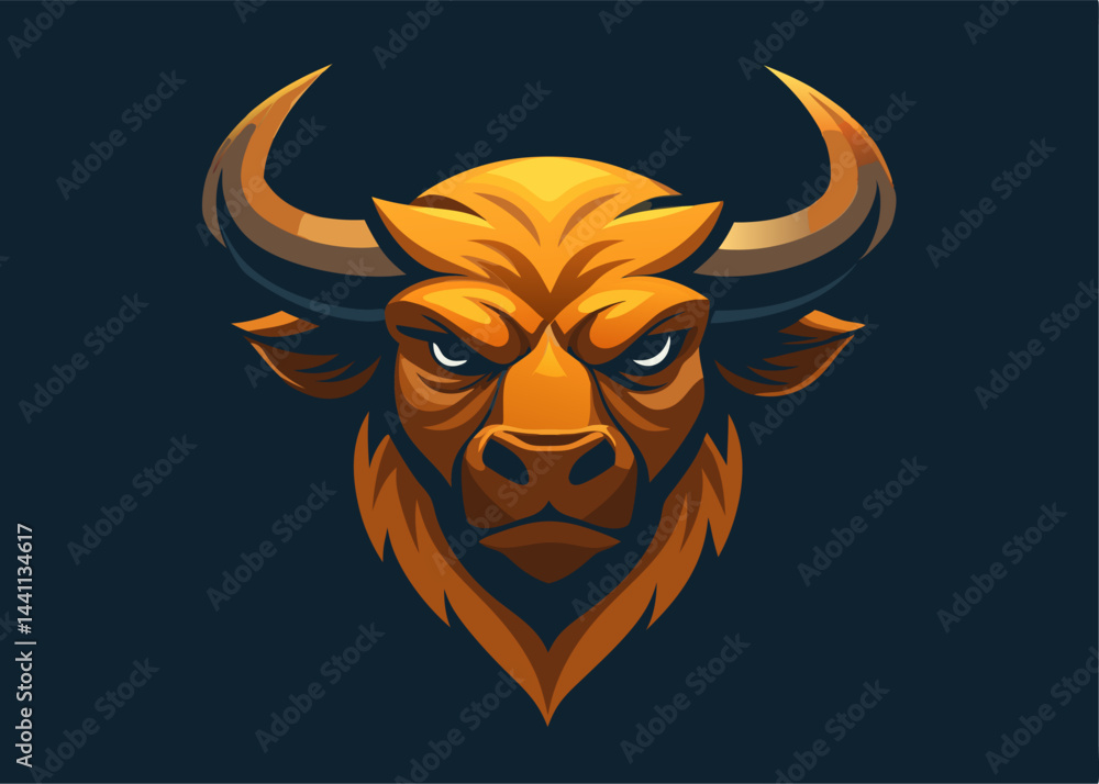 Obraz premium Golden Bull Emblem: A striking illustration of a powerful bull's head, exuding strength and determination, presented with a touch of artistic flair and boldness.