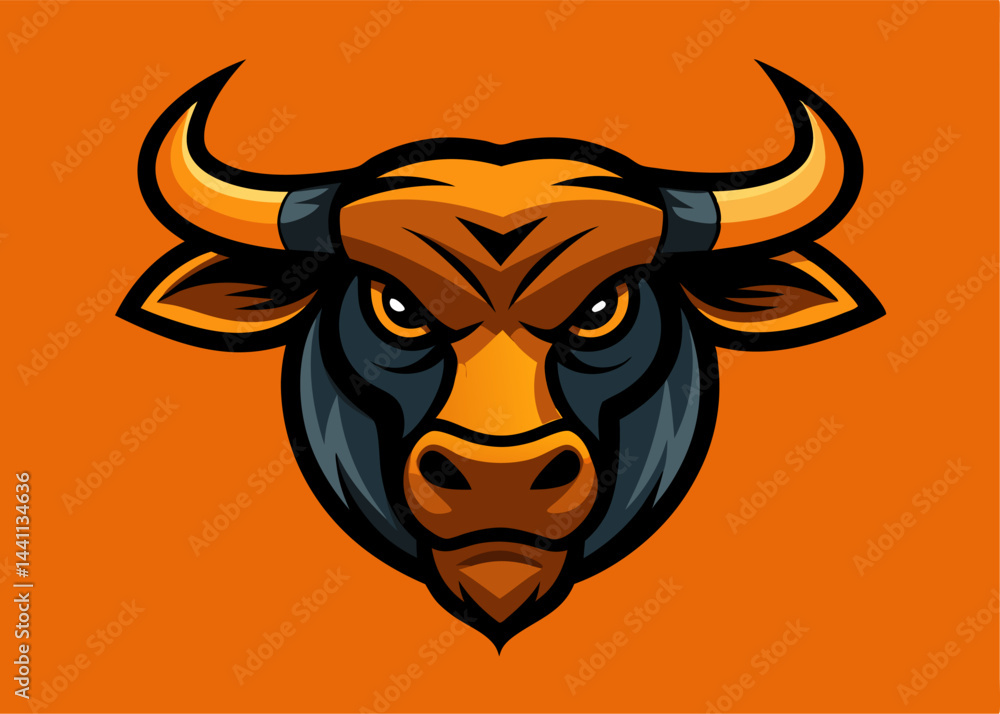 Fototapeta premium Bull Mascot Head: A fierce bull mascot head with intense gaze, a powerful symbol of strength, determination, and dominance. 