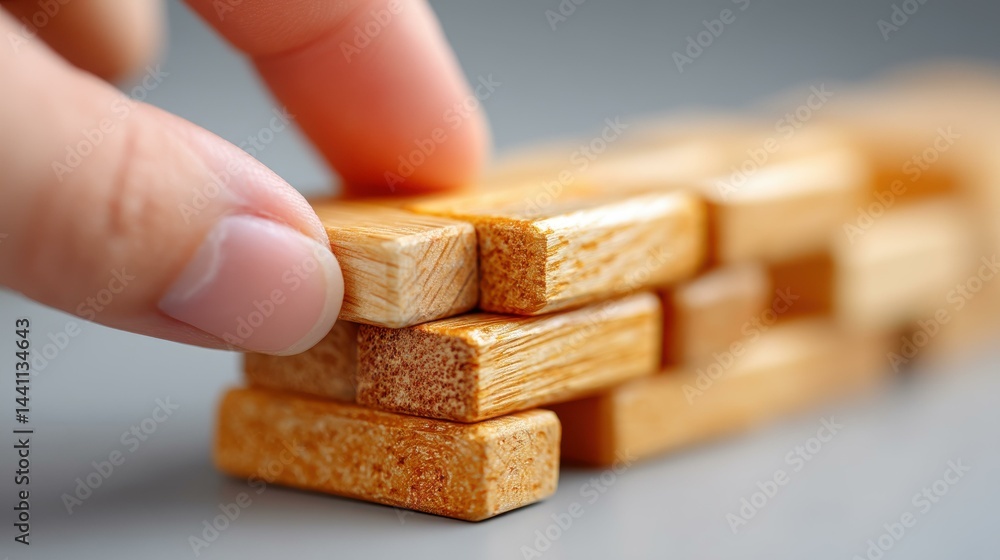 A hand skillfully stacks wooden blocks, symbolizing the strategic growth and leadership vital for business success in entrepreneurship.