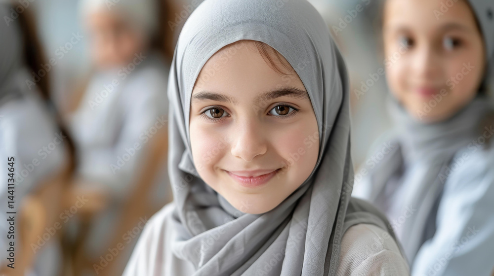 Happy kids at their school desk, engaged in learning. Girls in hijabs beam with joy as they explore ideas together.