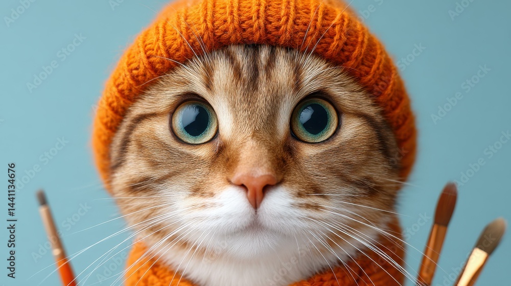 A trendy cat with a knitted hat holds paintbrushes and a palette, showcasing its artistic flair against a light blue backdrop.