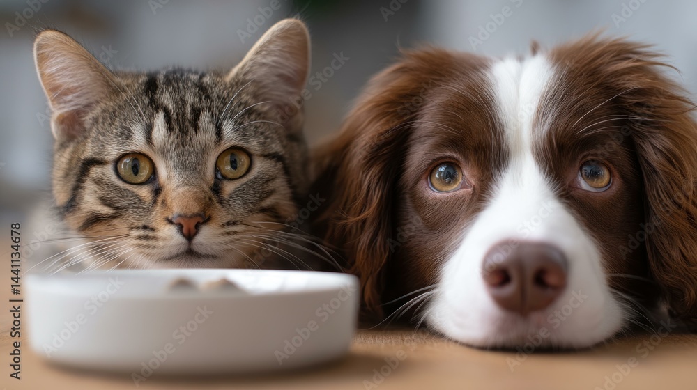A cat and dog curiously gaze at a bowl of food, showcasing their playful rivalry in a cozy kitchen setting.