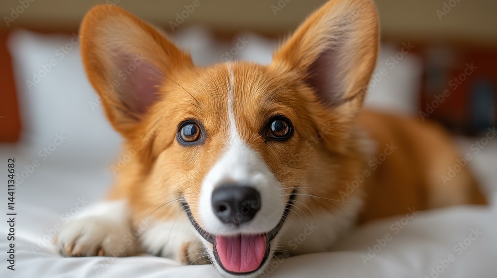 A cheerful dog lies happily on the bed, gazing joyfully at the camera with a wagging tail and bright eyes.