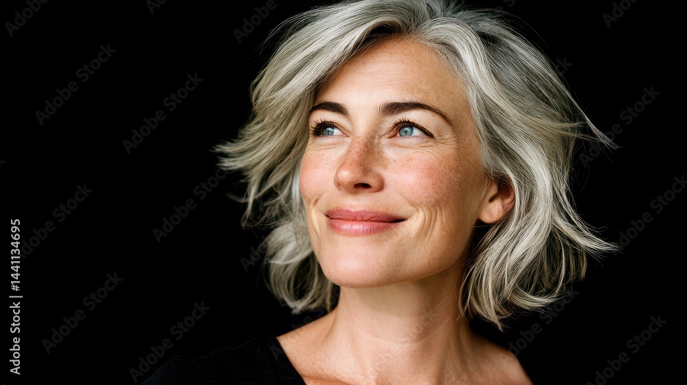 A joyful woman in her s beams with warmth, exuding serenity and wisdom against a sleek black backdrop.