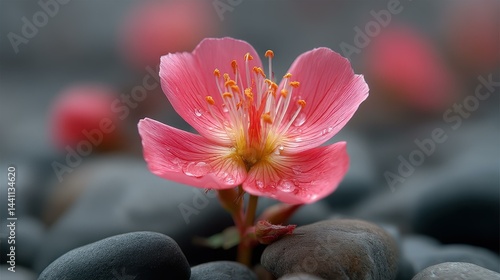 A vibrant pink bloom stands out against smooth gray stones, embodying resilience and strength in a tough landscape.