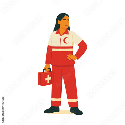 Flat style female emergency medical responder holding first aid kit – vector illustration for rescue, healthcare, and emergency assistance