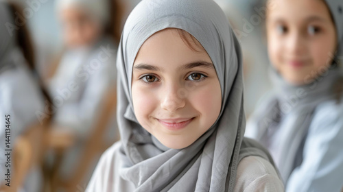 Obraz na płótnie Happy kids at their school desk, engaged in learning. Girls in hijabs beam with joy as they explore ideas together. w salonie