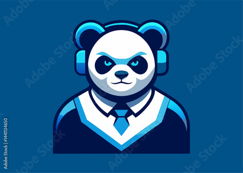 Intense Panda Logo: A strong panda icon wears a headset and suit, symbolizing power and authority in a clean, illustrated style, perfect for modern branding needs.