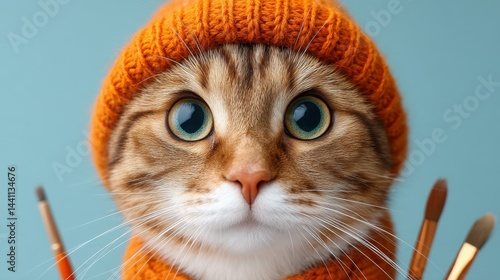 Obraz na płótnie A trendy cat with a knitted hat holds paintbrushes and a palette, showcasing its artistic flair against a light blue backdrop. w salonie
