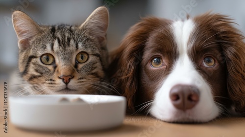 A cat and dog curiously gaze at a bowl of food, showcasing their playful rivalry in a cozy kitchen setting.