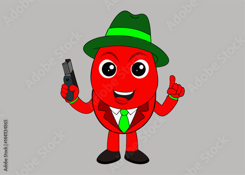 Tomato Mobster Illustration: A bold illustration features a cartoon tomato dressed as a mobster, complete with a fedora, suit, and a playful finger gun, exuding a whimsical and humorous charm.