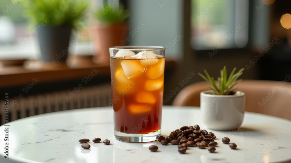 close up cafe setting featuring a glass of iced coffee on a minimalist table, surrounded by subtle decorative elements like coffee beans and a small plant, vertical