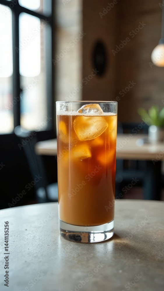 A modern loft interior with a stylish iced coffee served in a unique glass, placed on a concrete table