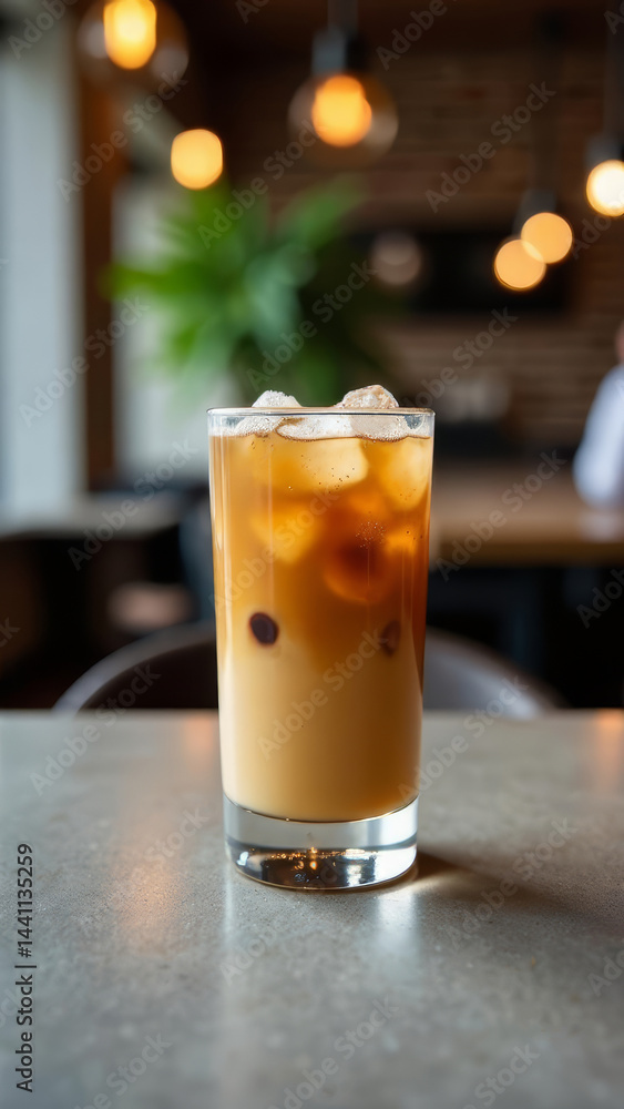A modern loft interior with a stylish iced coffee served in a glass, placed on a concrete table, vertical