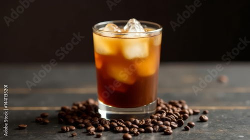 Obraz na płótnie Iced Cold Brew Coffee on a Dark Background, Coffee beans, Copy Space w salonie